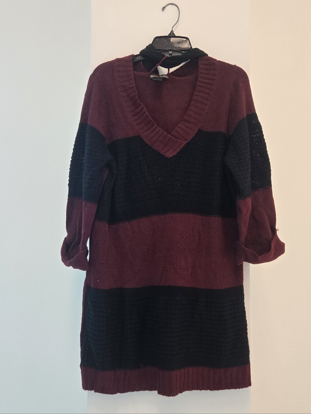 Striped V-Neck Sweater Dress in Burgundy and Black